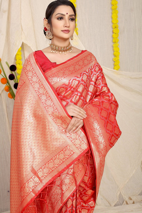 VastraLakshmi Surreptitious Red Kanjivaram Silk With Embrocation Blouse Piece