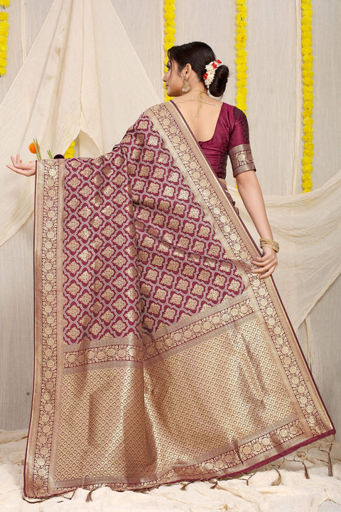 VastraLakshmi Magnetic Wine Kanjivaram Silk With Dissemble Blouse Piece