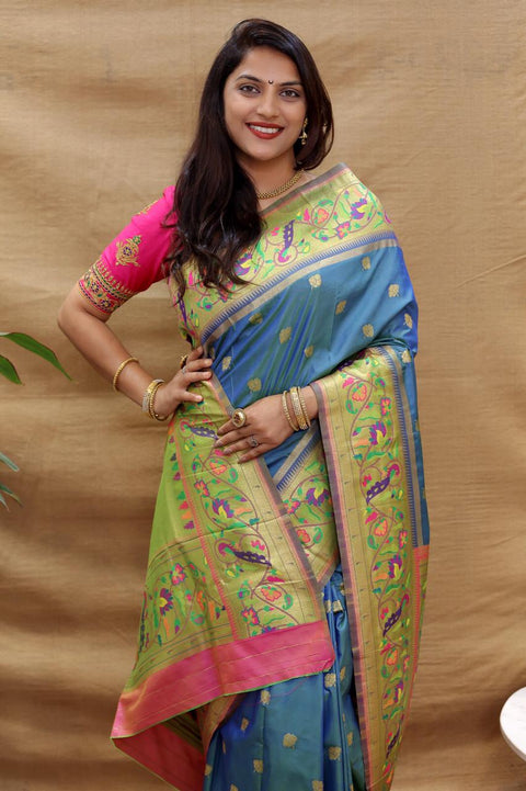 VastraLakshmi Flattering Blue Paithani Silk Saree With Wonderful Blouse Piece