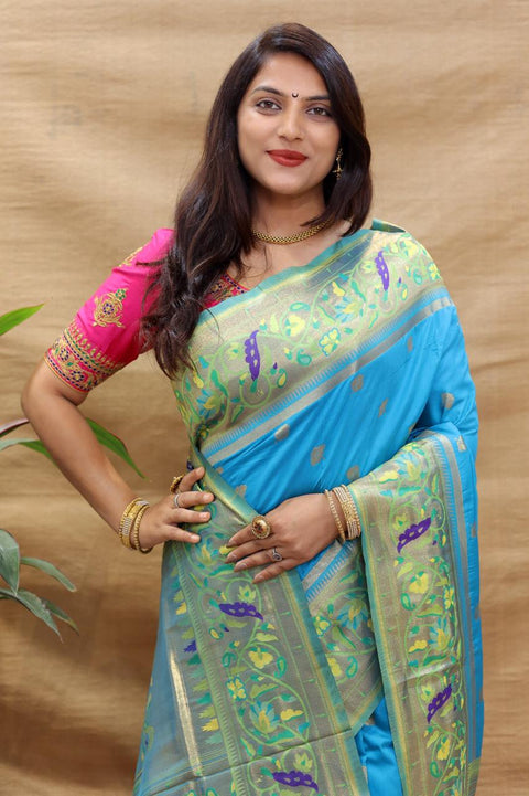 VastraLakshmi Sizzling Firozi Paithani Silk Saree With Smart Blouse Piece