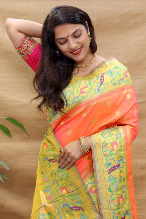 VastraLakshmi Demesne Peach Paithani Silk Saree With Forbearance Blouse Piece