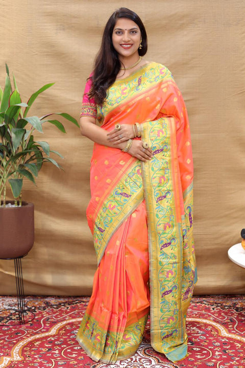 VastraLakshmi Demesne Peach Paithani Silk Saree With Forbearance Blouse Piece