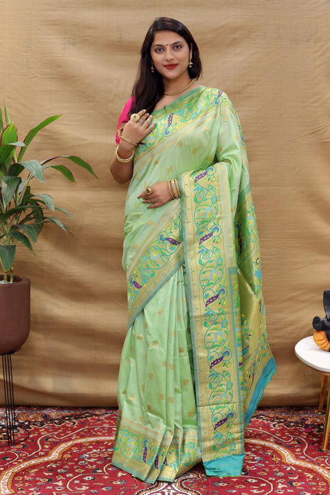 VastraLakshmi Serendipity Pista Paithani Silk Saree With Snazzy Blouse Piece