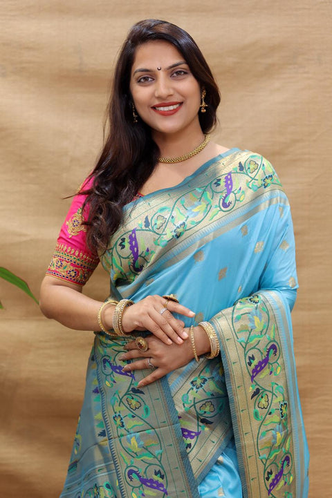 VastraLakshmi Magnetic Sky Paithani Silk Saree With Fantabulous Blouse Piece