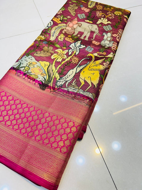 VastraLakshmi Blooming Purple Kalamkari Printed Saree With Majesty Blouse Piece