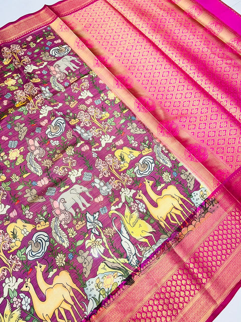 VastraLakshmi Blooming Purple Kalamkari Printed Saree With Majesty Blouse Piece