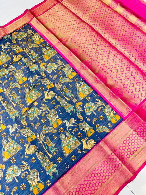 VastraLakshmi Effervescent Royal Blue Kalamkari Printed Saree With Lassitude Blouse Piece