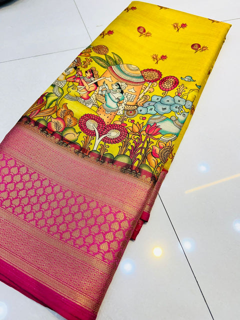 VastraLakshmi Ratatouille Yellow Kalamkari Printed Saree With Redolent Blouse Piece