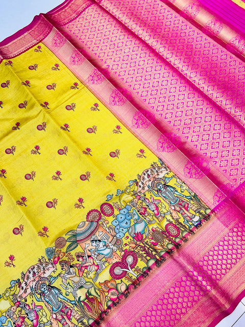 VastraLakshmi Ratatouille Yellow Kalamkari Printed Saree With Redolent Blouse Piece