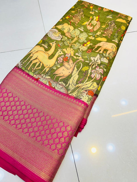 VastraLakshmi Woebegone Mehandi Kalamkari Printed Saree With Engaging Blouse Piece