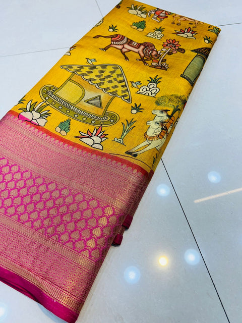 VastraLakshmi Vestigial Yellow Kalamkari Printed Saree With Redolent Blouse Piece