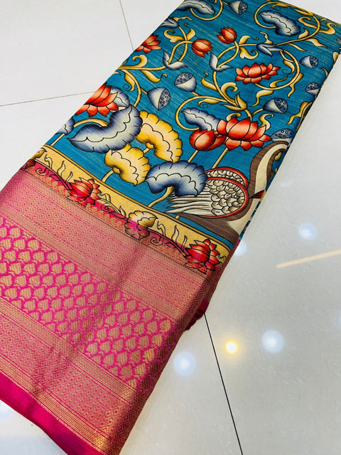 VastraLakshmi Lissome Blue Kalamkari Printed Saree With Ephemeral Blouse Piece