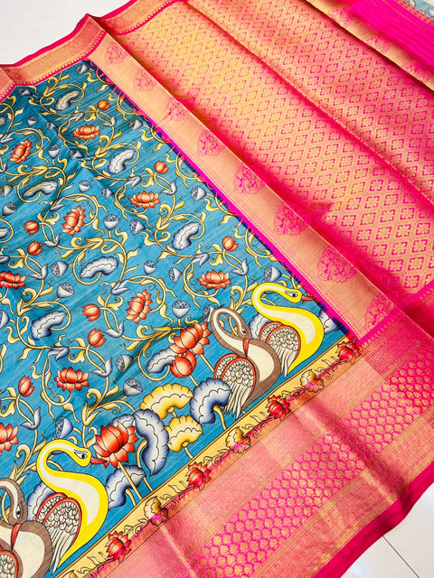 VastraLakshmi Lissome Blue Kalamkari Printed Saree With Ephemeral Blouse Piece