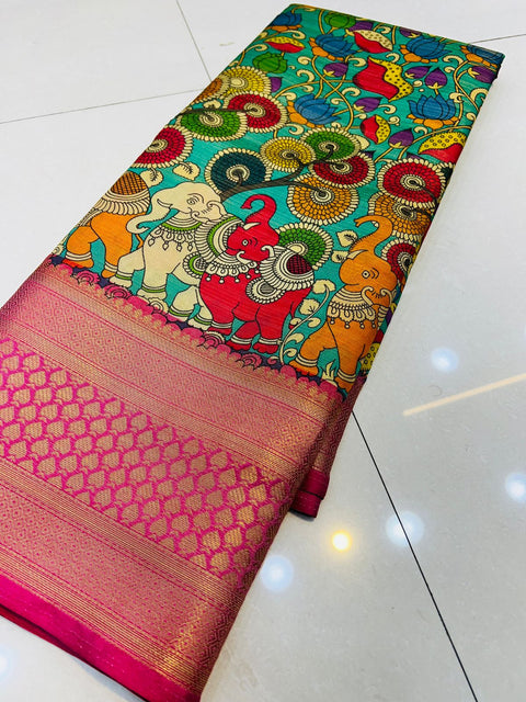 VastraLakshmi Desultory Firozi Kalamkari Printed Saree With Ailurophile Blouse Piece