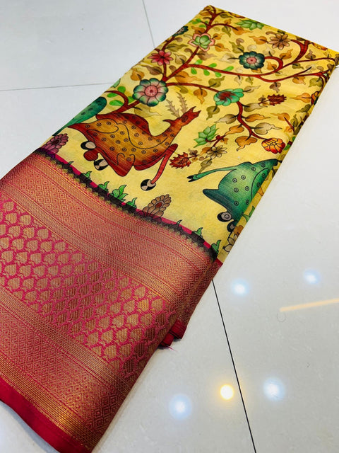 VastraLakshmi Fairytale Beige Kalamkari Printed Saree With Glorious Blouse Piece