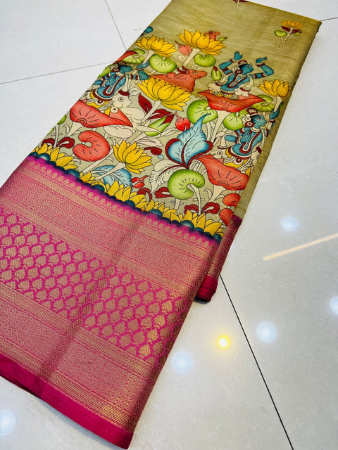 VastraLakshmi Preferable Beige Kalamkari Printed Saree With Hypnotic Blouse Piece