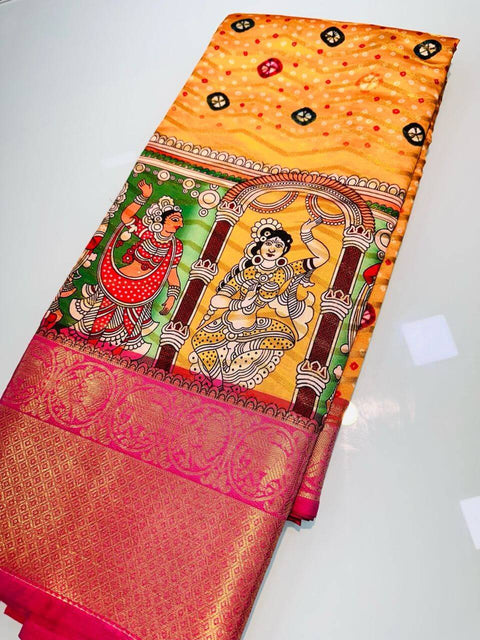 VastraLakshmi Demure Yellow Kalamkari Printed Saree With Susurrous Blouse Piece