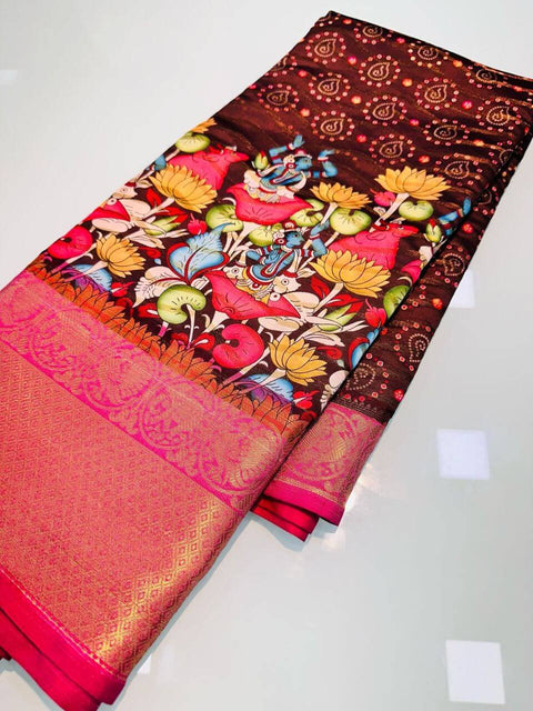 VastraLakshmi Enigmatic Wine Kalamkari Printed Saree With Imaginative Blouse Piece