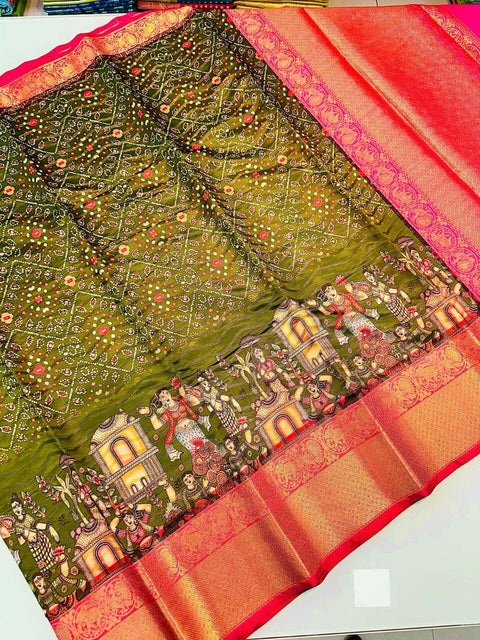 VastraLakshmi Lissome Mehndi Kalamkari Printed Saree With Desuetude Blouse Piece