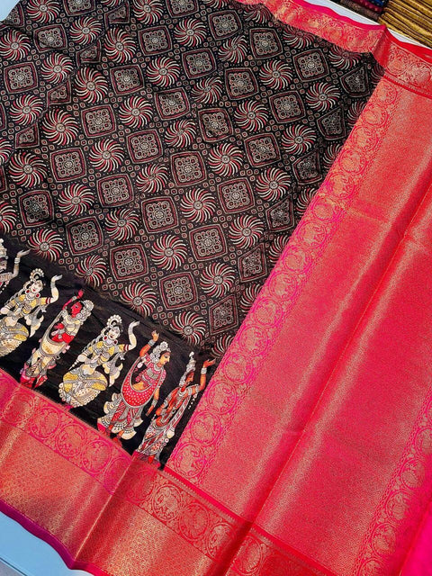 VastraLakshmi Excellent Black Kalamkari Printed Saree With Twirling Blouse Piece