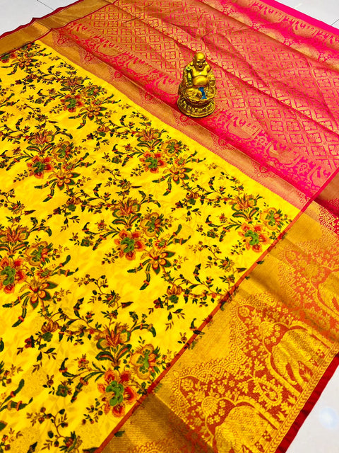 VastraLakshmi Vestigial Yellow Kanjivaram Silk with Denouement Blouse Piece