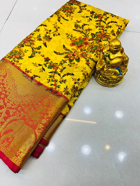 VastraLakshmi Vestigial Yellow Kanjivaram Silk with Denouement Blouse Piece