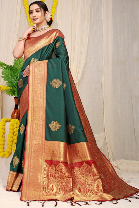 VastraLakshmi Diaphanous Dark Green Banarasi Silk Saree With Forbearance Blouse Piece