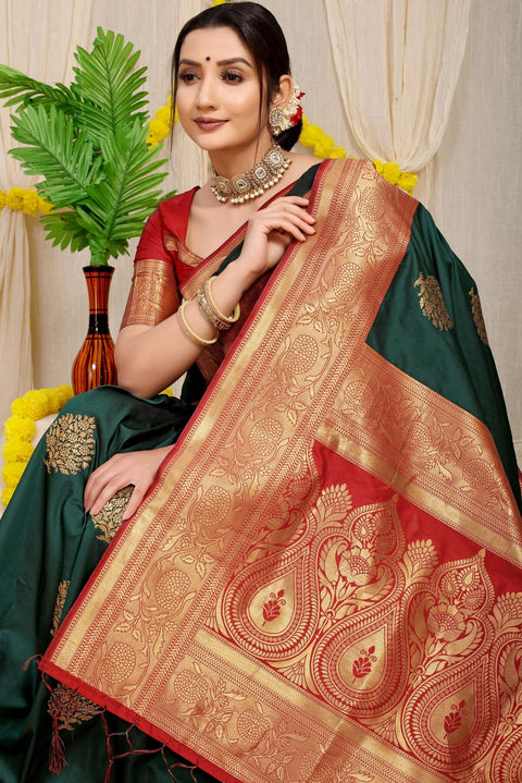 VastraLakshmi Diaphanous Dark Green Banarasi Silk Saree With Forbearance Blouse Piece