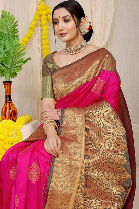 VastraLakshmi Demesne Dark Pink Banarasi Silk Saree With Forbearance Blouse Piece