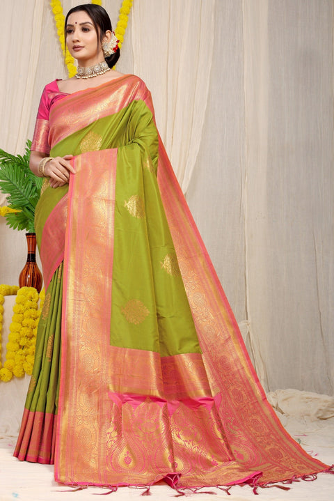 VastraLakshmi Fairytale Mehndi Banarasi Silk Saree With Forbearance Blouse Piece