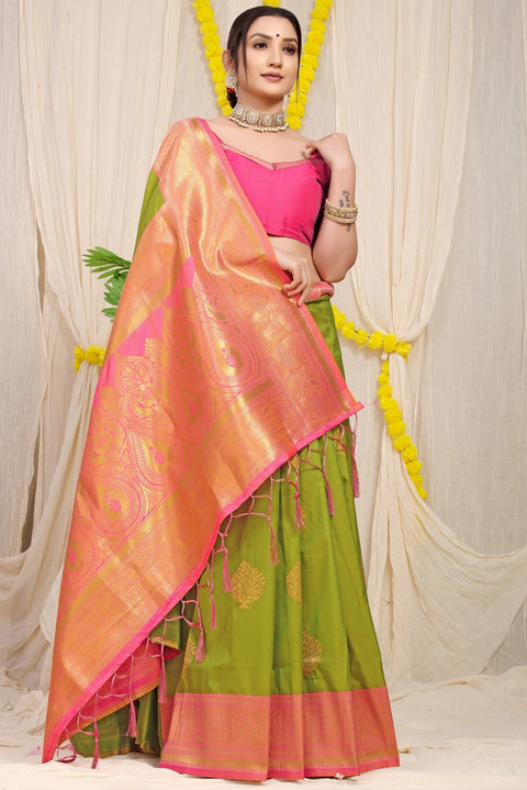 VastraLakshmi Fairytale Mehndi Banarasi Silk Saree With Forbearance Blouse Piece