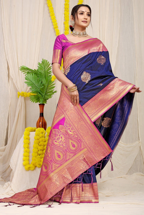 VastraLakshmi Opulent Navy Blue Banarasi Silk Saree With Forbearance Blouse Piece