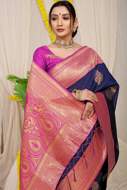 VastraLakshmi Opulent Navy Blue Banarasi Silk Saree With Forbearance Blouse Piece