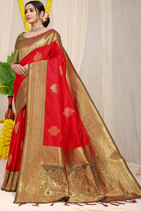 VastraLakshmi Stylish Red Banarasi Silk Saree With Forbearance Blouse Piece