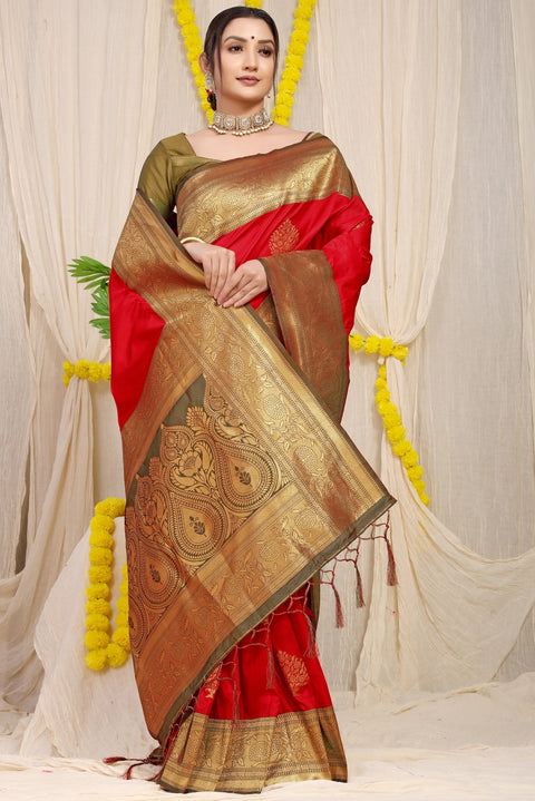 VastraLakshmi Stylish Red Banarasi Silk Saree With Forbearance Blouse Piece