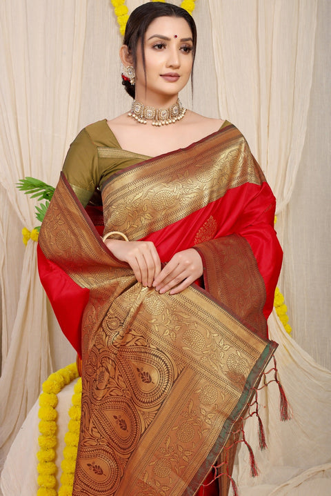 VastraLakshmi Stylish Red Banarasi Silk Saree With Forbearance Blouse Piece