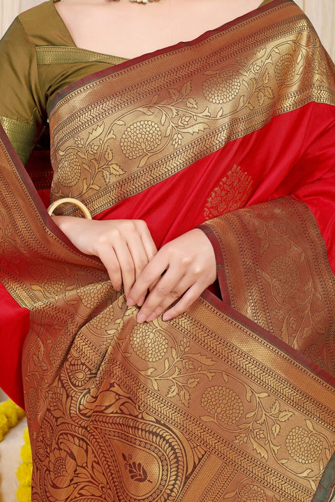 VastraLakshmi Stylish Red Banarasi Silk Saree With Forbearance Blouse Piece