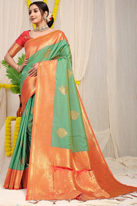 VastraLakshmi Gleaming Sea Green Banarasi Silk Saree With Forbearance Blouse Piece