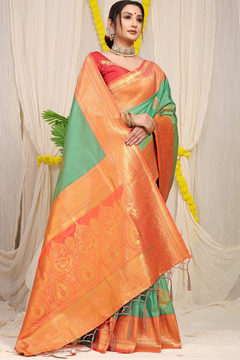 VastraLakshmi Gleaming Sea Green Banarasi Silk Saree With Forbearance Blouse Piece