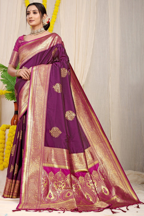 VastraLakshmi Precious Wine Banarasi Silk Saree With Forbearance Blouse Piece