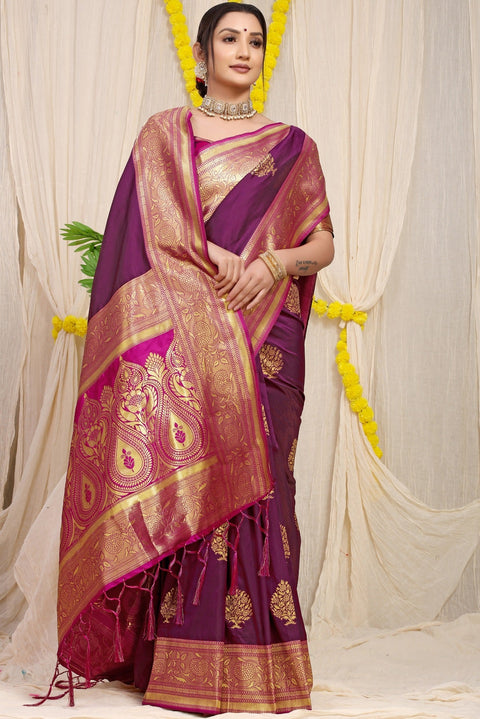 VastraLakshmi Precious Wine Banarasi Silk Saree With Forbearance Blouse Piece