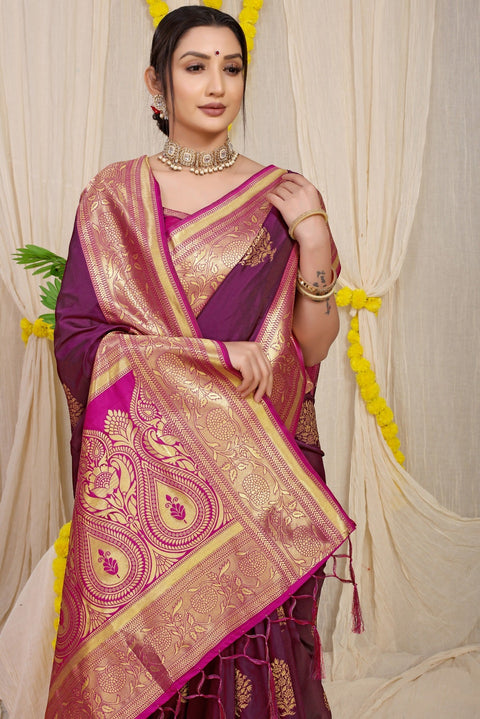 VastraLakshmi Precious Wine Banarasi Silk Saree With Forbearance Blouse Piece