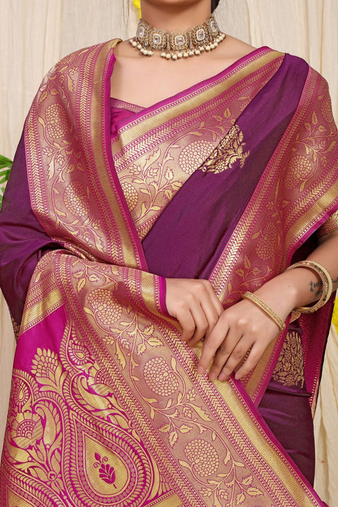 VastraLakshmi Precious Wine Banarasi Silk Saree With Forbearance Blouse Piece