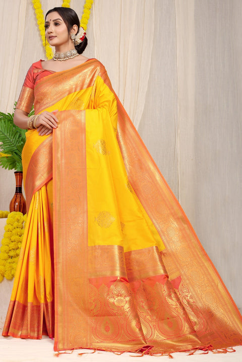 VastraLakshmi Mesmerising Yellow Banarasi Silk Saree With Forbearance Blouse Piece