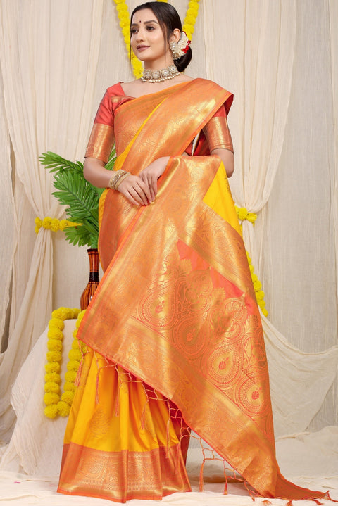 VastraLakshmi Mesmerising Yellow Banarasi Silk Saree With Forbearance Blouse Piece