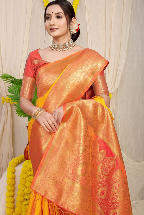 VastraLakshmi Mesmerising Yellow Banarasi Silk Saree With Forbearance Blouse Piece