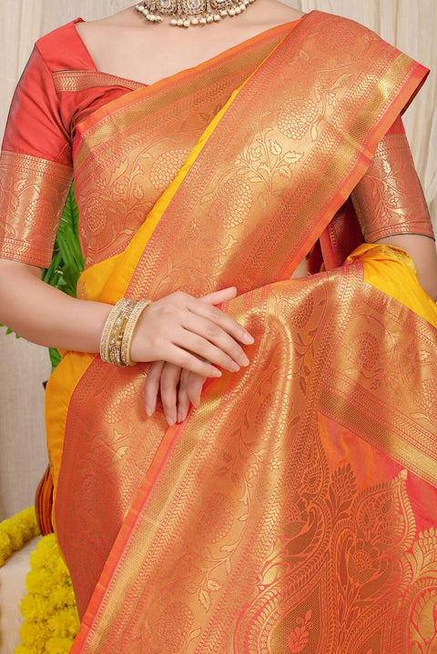 VastraLakshmi Mesmerising Yellow Banarasi Silk Saree With Forbearance Blouse Piece