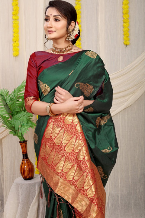 VastraLakshmi Stunning Dark Green Banarasi Silk With Marvellous Blouse Piece