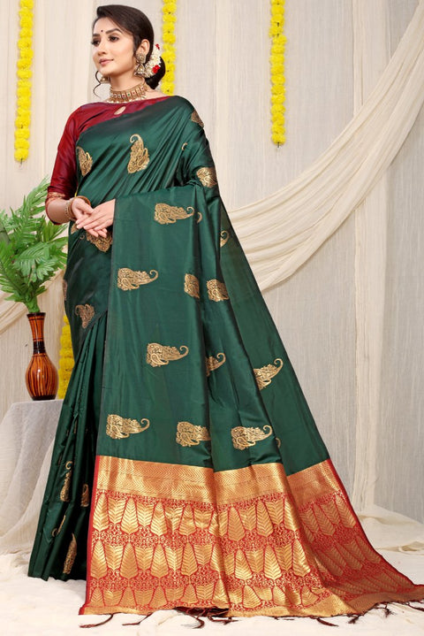 VastraLakshmi Stunning Dark Green Banarasi Silk With Marvellous Blouse Piece