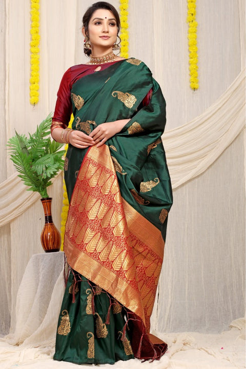 VastraLakshmi Stunning Dark Green Banarasi Silk With Marvellous Blouse Piece